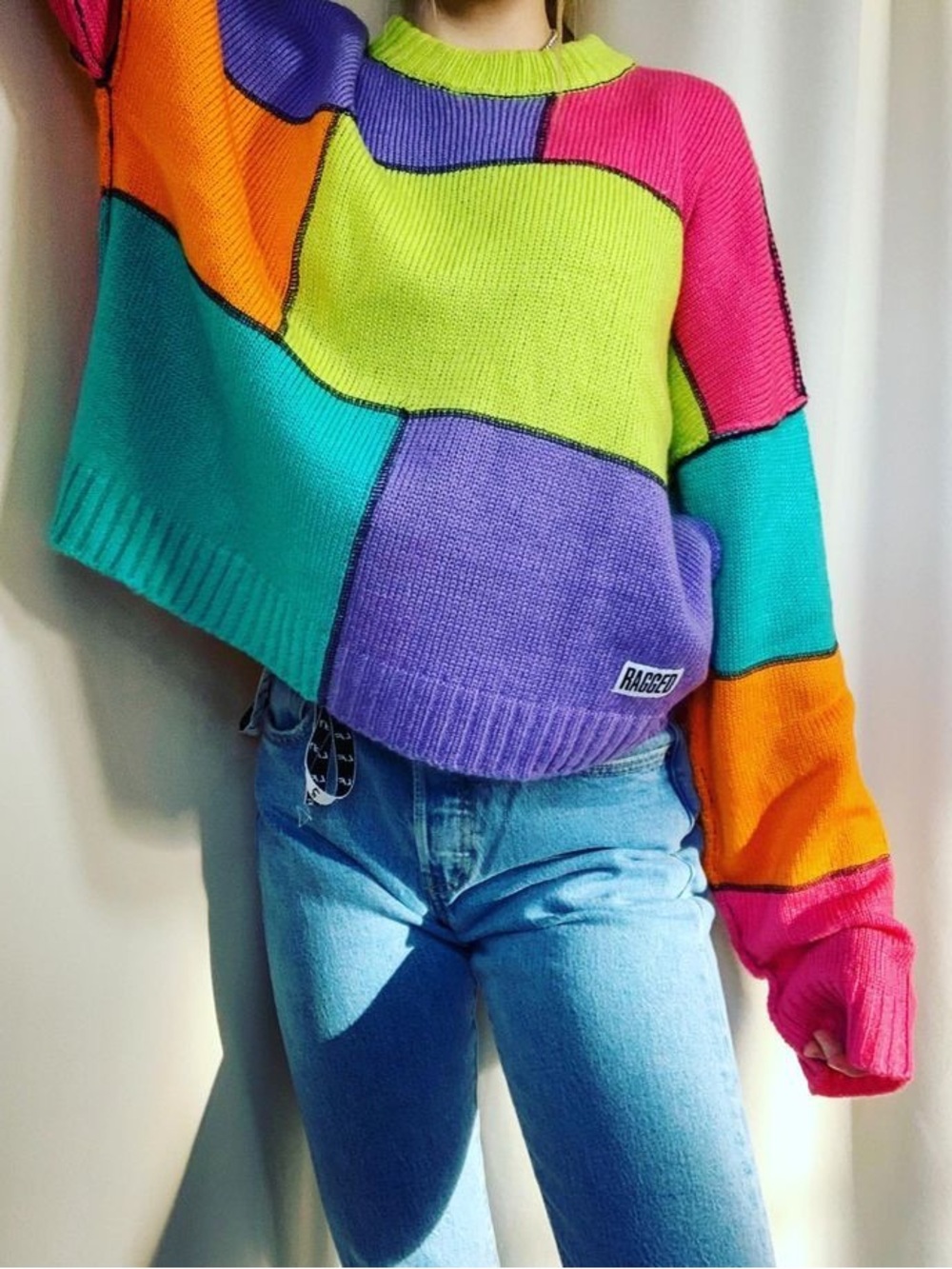 The Ragged Priest Multicolor Patchwork Colorblock Crewneck Sweater
